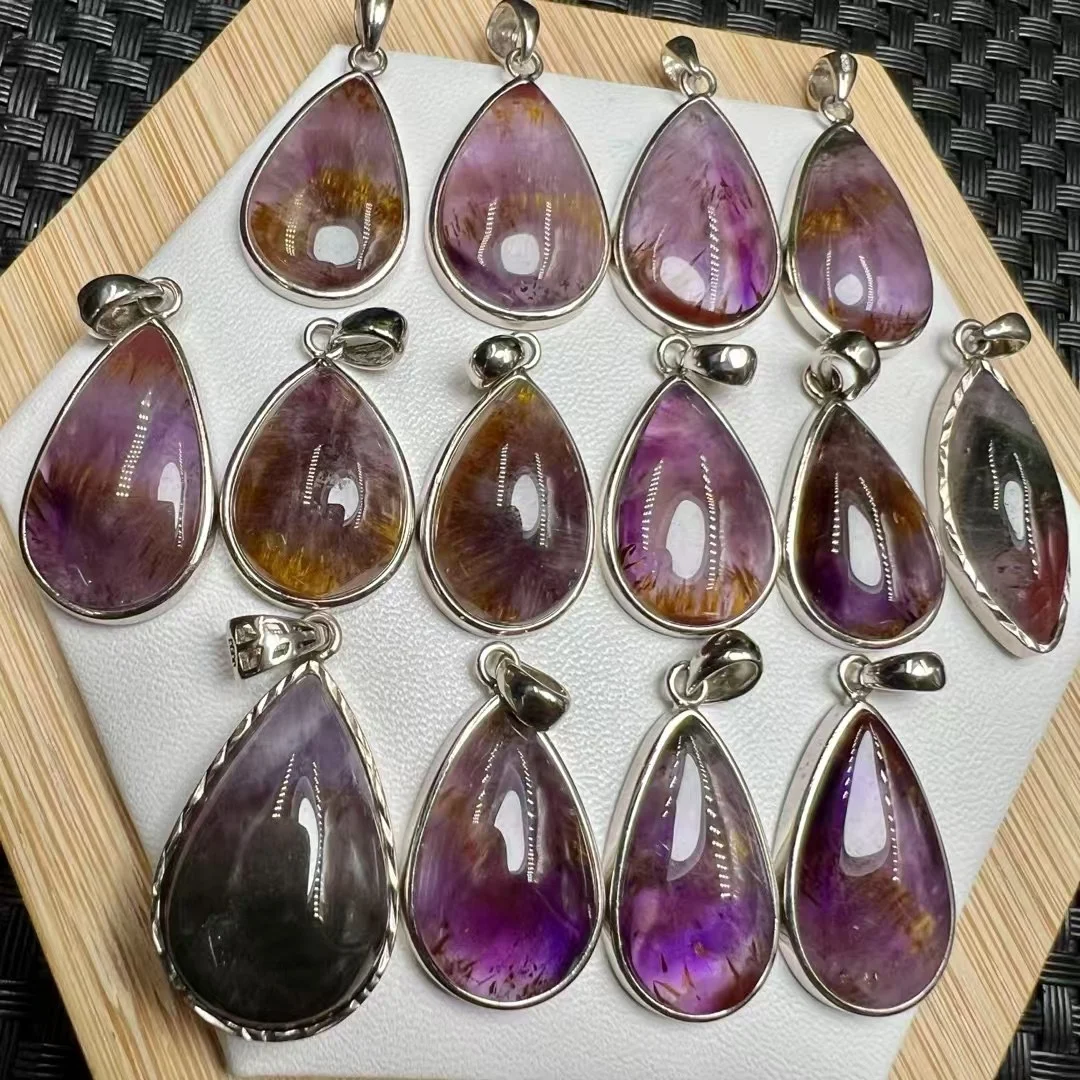 

1 Pc Fengbaowu Natural Stone Purple Quartz Rutilated Aurora 23 Water Drop Pendant 925 Sterling Silver Jewelry Gift For Women