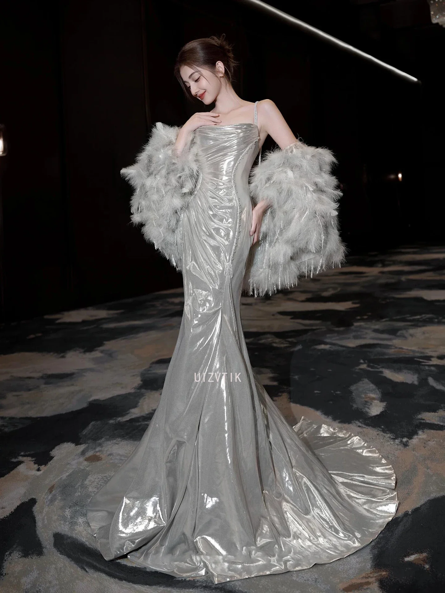 Luxus Sling Meerjungfrau Prom Kleider Weiblichen Koreanischen Stil Silber Abend Party Kleid Frauen Elegante Formale Anlass Kleider Vestidos