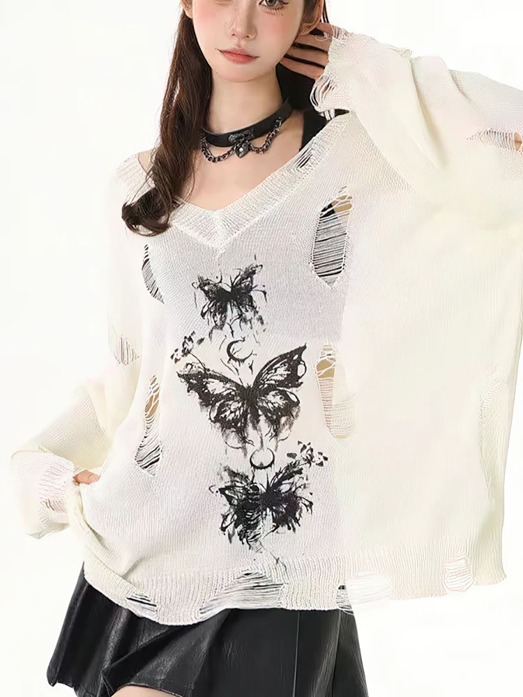 Y2k Hollow out Knit Oversize T shirt Women Long sleeve Off shoulder Top Sexy Basic Transparent Tees Baggy Vintage Ladies New view 5
