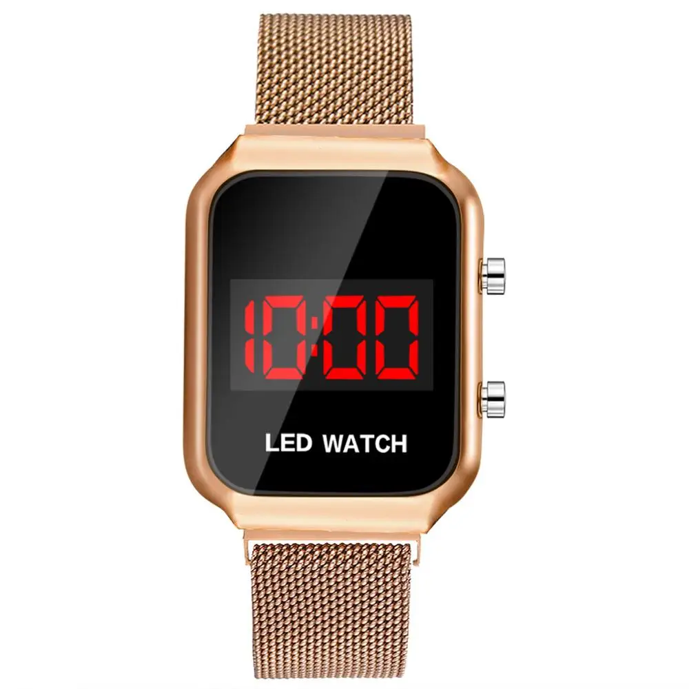 Mode Rechteck Uhren Männer LED Digital Uhren Männer Luxus Rose Gold Magnet Mesh Band Elektronische Armbanduhren Reloj Hombre