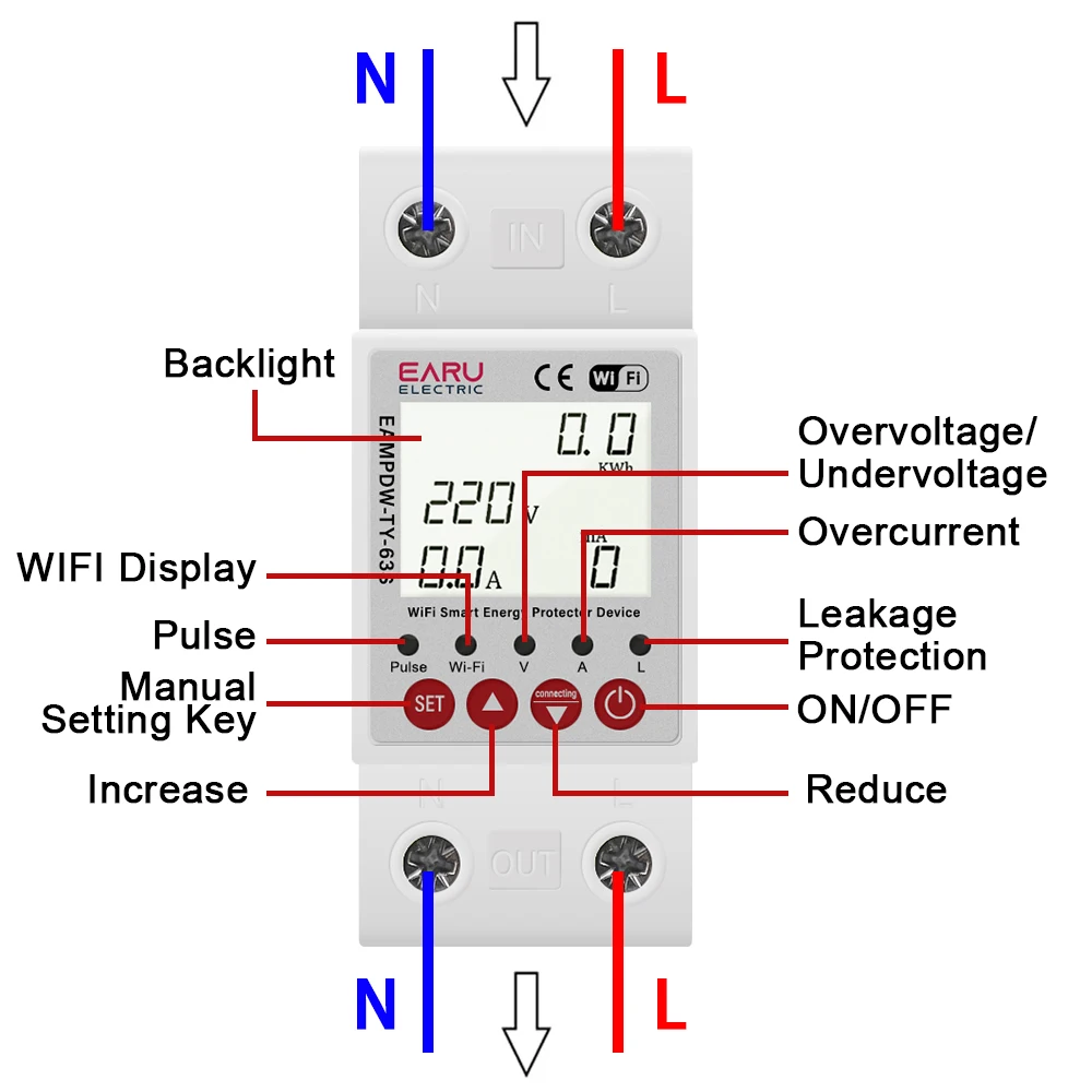 63A Tuya Smart WiFi Circuit Breaker Switch BI-Direction Measuring Earth Leakage Over Under Voltage Protector Energy Power Meter