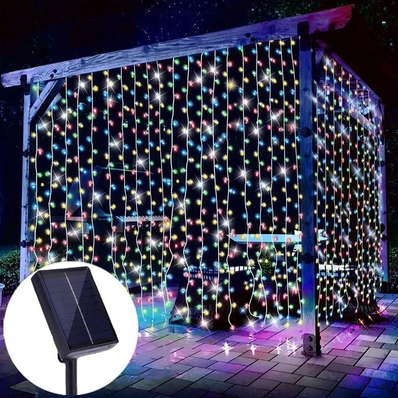 

Outdoor LED Solar Curtain Lights String 8Modes Wedding Garden Pavilion Eid Mubarak Muslim Ramadan Decoration Festival Lighting