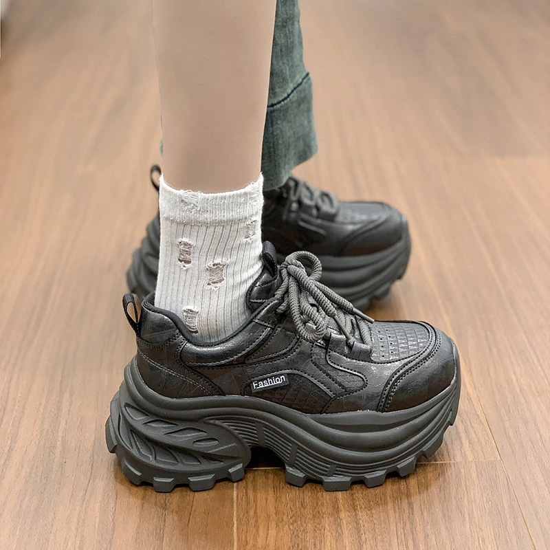 

8.5cm White Black Chunky Sneakers Women Spring Autumn Thick Bottom Dad Shoes Woman Fashion PU Leather Platform Sneakers Ladies