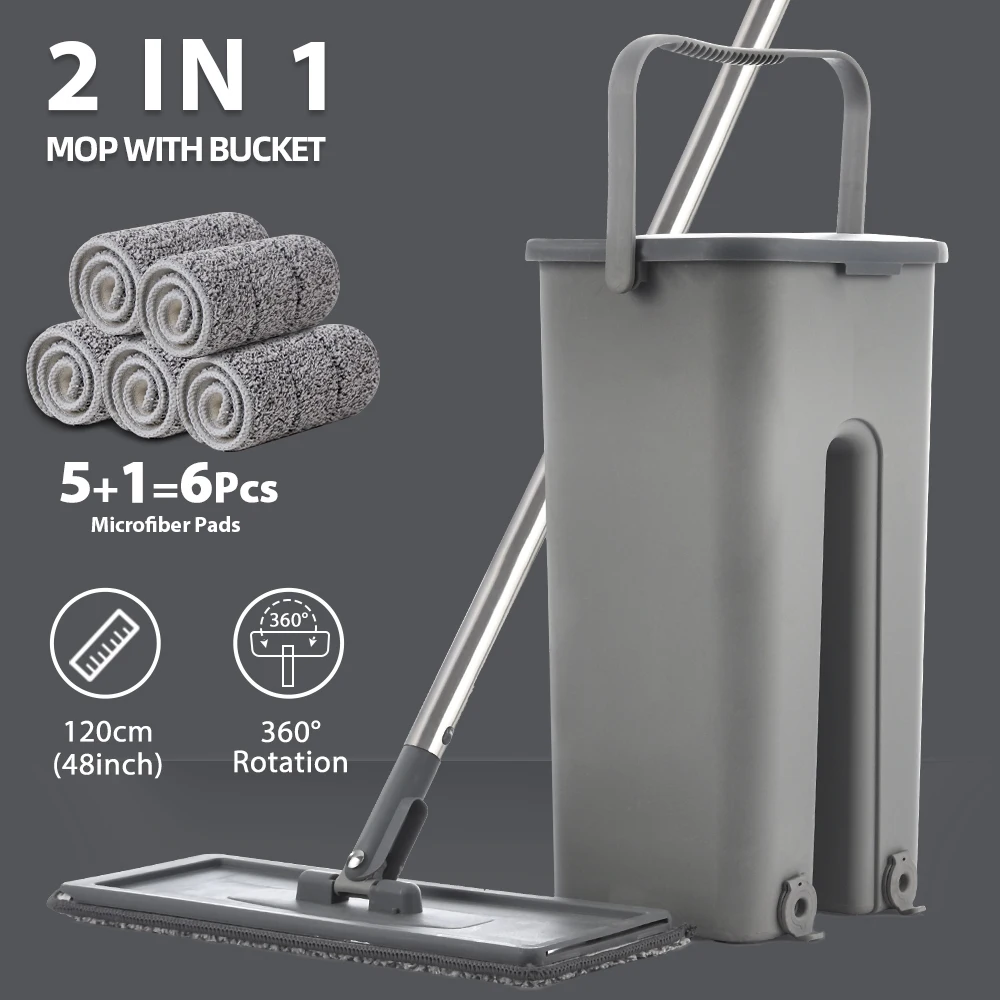 

Hand Free Flat Floor Mop And Bucket Set For Professional Home Floor Cleaning System With Washable Microfiber Pads For Hardwood