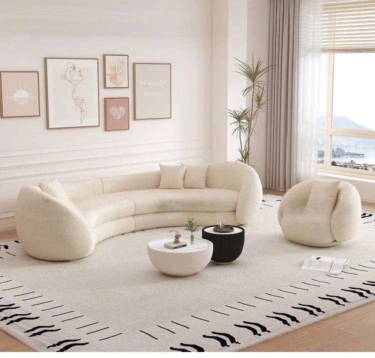 

！@Italian Modern Villa Three Seat Modular Sofa Set Curved Arms Boucle Fabric Sponge-Filled Reclining Sectional for Living Room