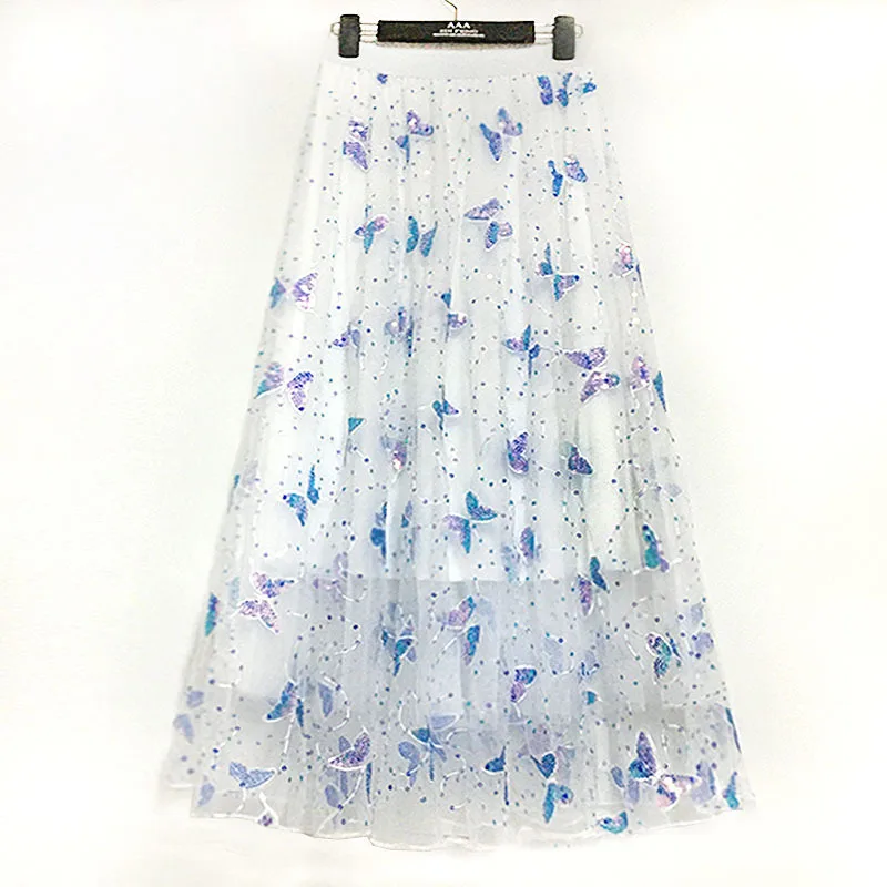 

Spring 2026 New Embroidered Butterfly Knot Sequin Tulle Long High Waist A- Line Fairy Half Skirt Women's Fashion Gown
