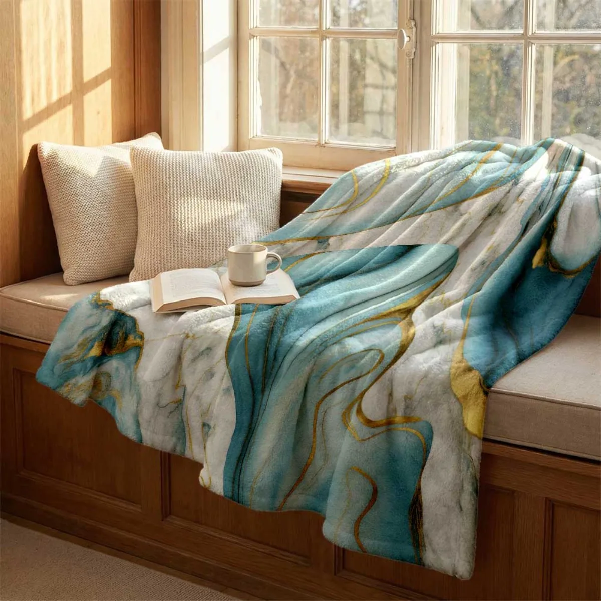 Teal White Marble Gold Fluid Swirl Print Flannel Throw Blanket, Soft Warm Sofa Cover, Modern Minimalist Bedroom Gift