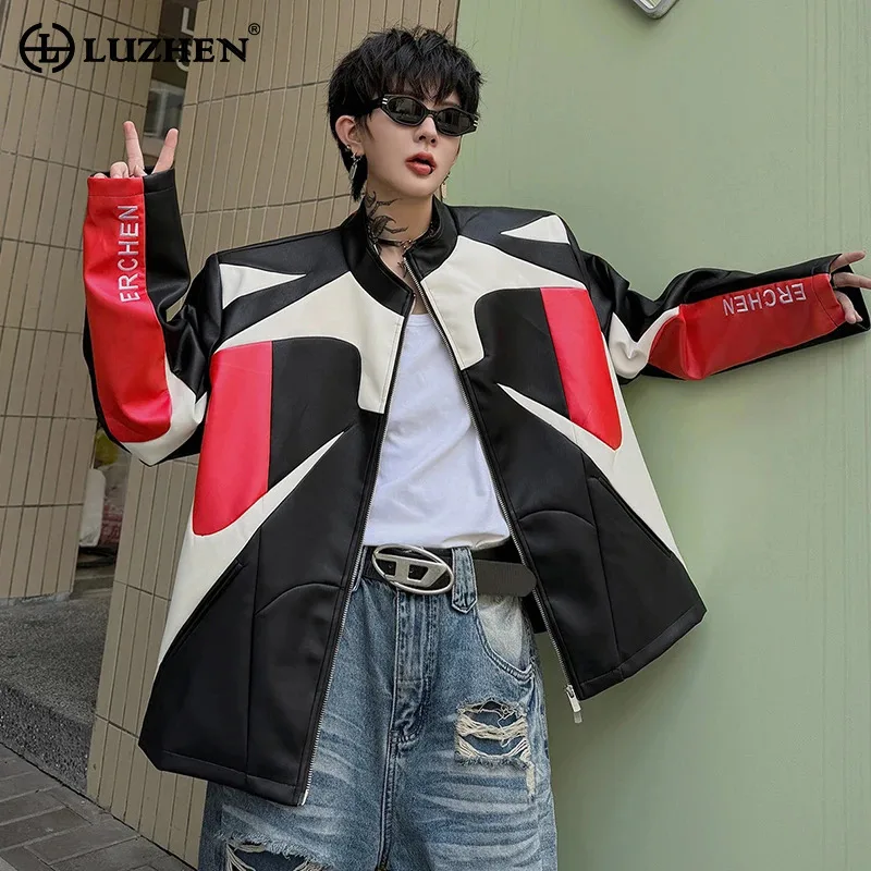 LUZHEN 2026 New Trendy Original Color Contrast High Quality Leather Jacket Men's Handsome Shoulder Pad Motorcycles Coat JY8974