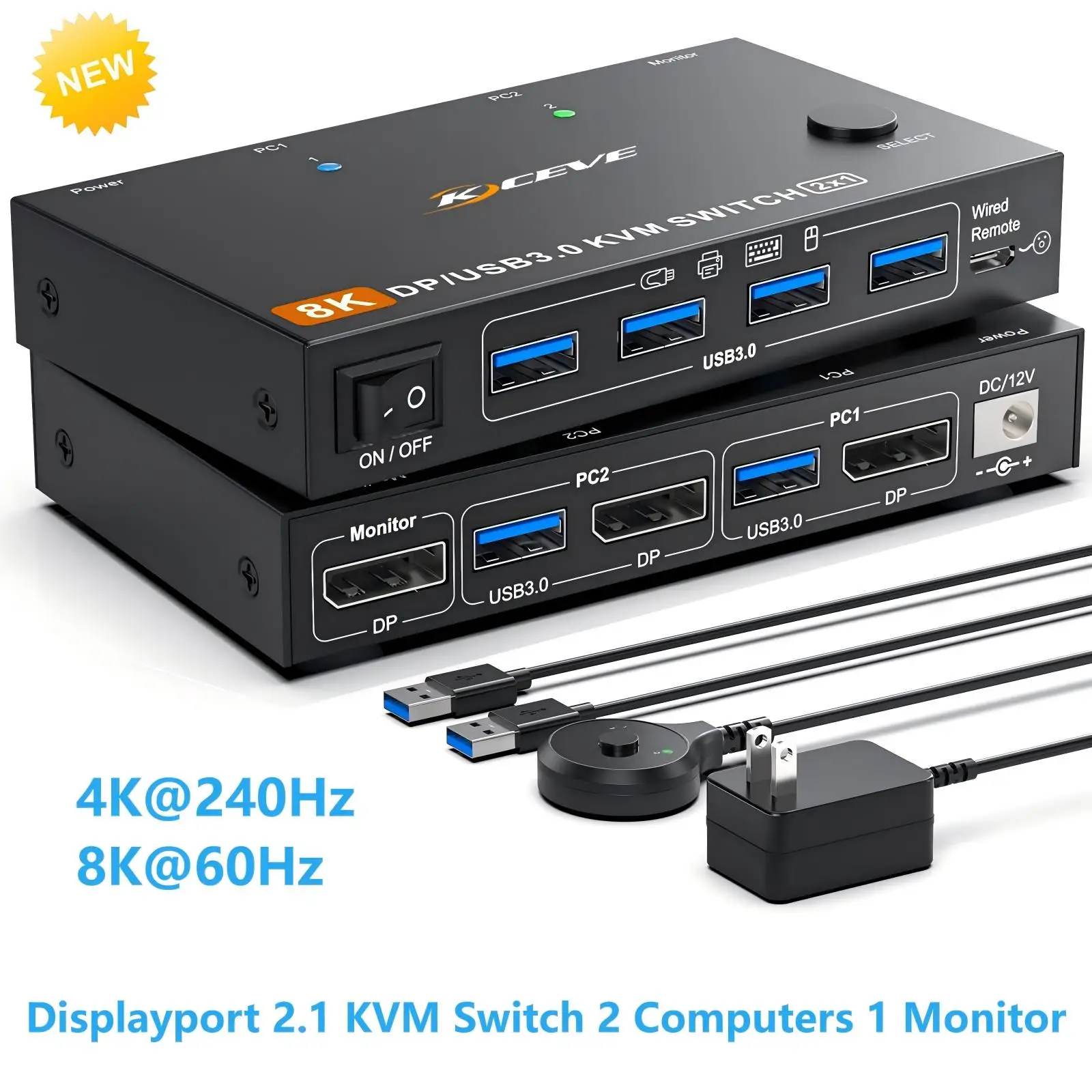 KVM-переключатель 2 компьютера 1 монитор Displayport 4K при 240 Гц 8K при 60 Гц, USB 3.0 KVM-переключатель Displayport 2.1 для 2 ПК Share 4 устройства USB3.0