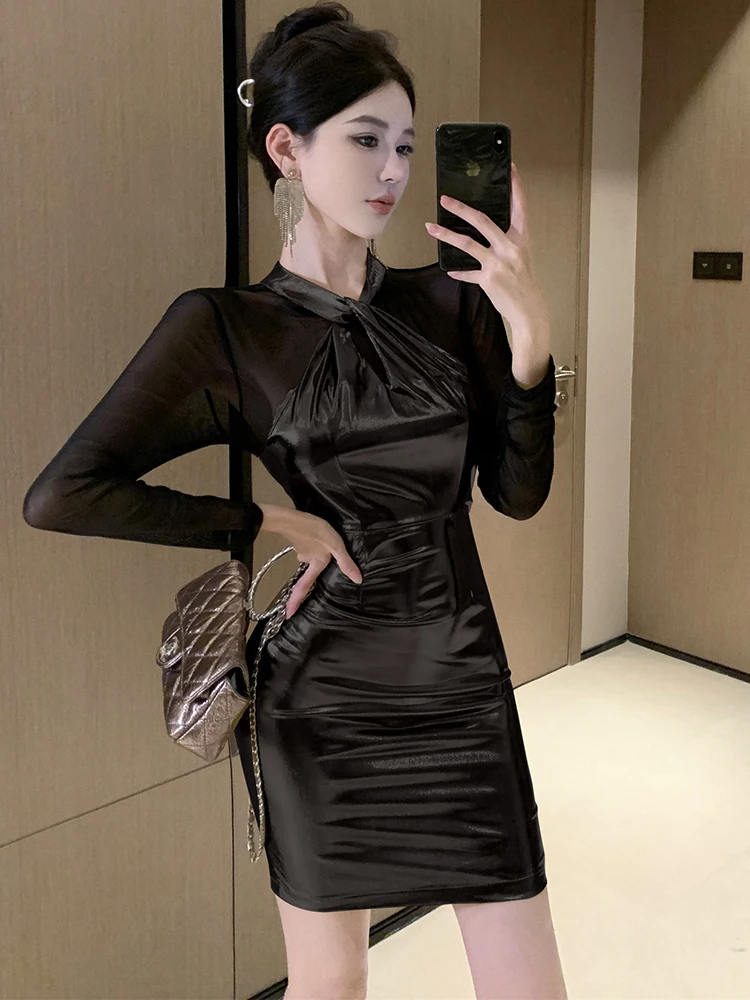 2025 moda Patchwork Sheer Mesh vestido de manga larga mujeres coreano Vintage ceñido al cuerpo Vestido corto primavera elegante vestido de fiesta de Festival