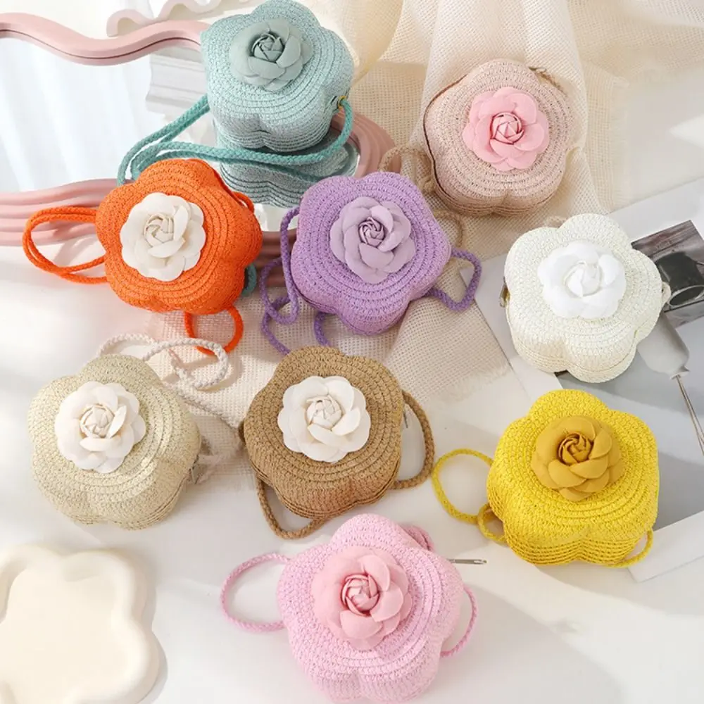 Tas Bahu Kecil Jerami Anak-anak Tas Tangan Dompet Bayi Perempuan Bunga Lucu Tenun Tas Crossboay Pantai Buatan Tangan Bulat Mini