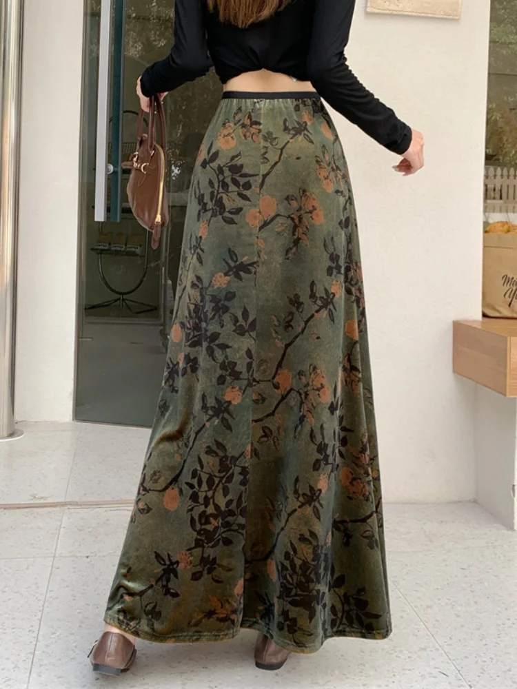 SMTHMA 2025 automne/hiver rétro nouvelle jupe imprimée en velours chinois pour les femmes jupe trapèze taille haute élastique