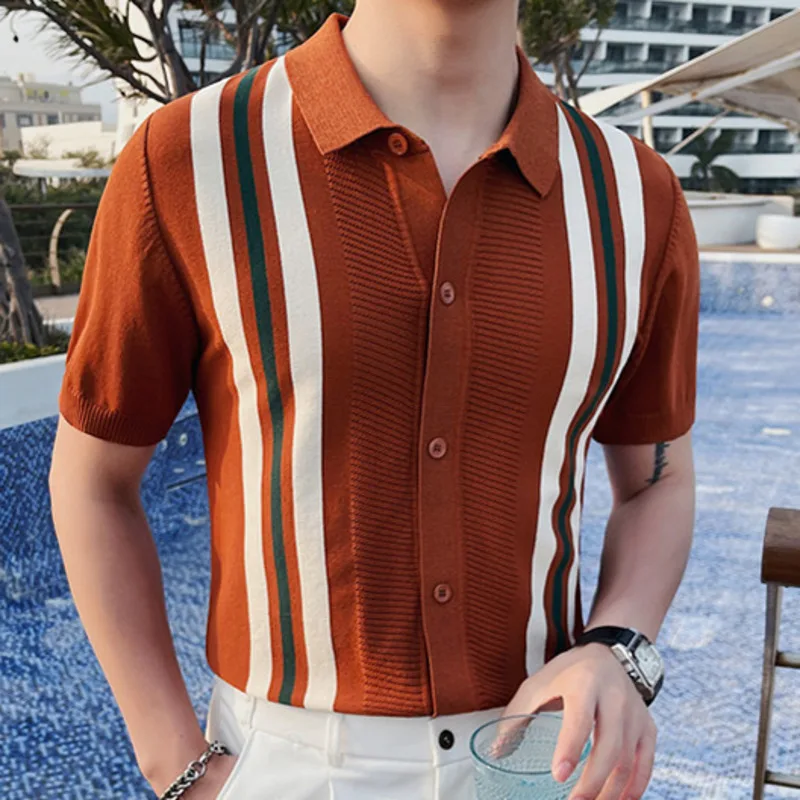 Summer Man Ice Silk Short Sleeve Polo Shirt Men British Slim Lapel Knitted Cardigan Casual Stripe Polo Shirt Polo Camisa Hombre