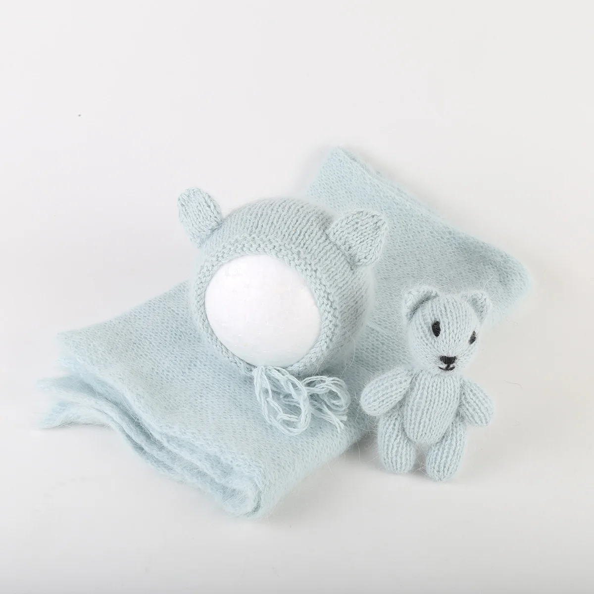 

Newborn Knitted Angora Teddy Bear Bonnet Wrap Toy Set Alpaca Swaddle Fluffy Baby Wrap Set Newborn Outfit Fuzzy Animal Hat Props
