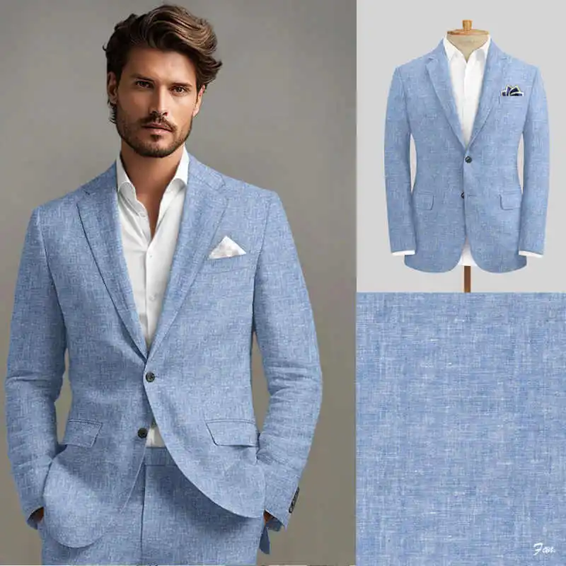 Daily Men Tuxedos Linen-cotton Notched Lapel 2 PCS Man Suit Breathable Single Breasted Evening Groom Coat Customized  Slim Fit