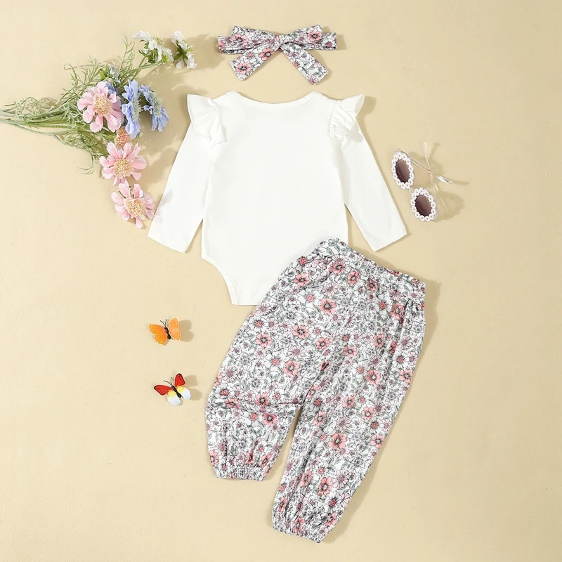 Newborn Infant Girl Clothes Rib Knit Romper Daisy Print Pants Headband Baby Clothes for Girls 0 3 6 12 18 24 Months