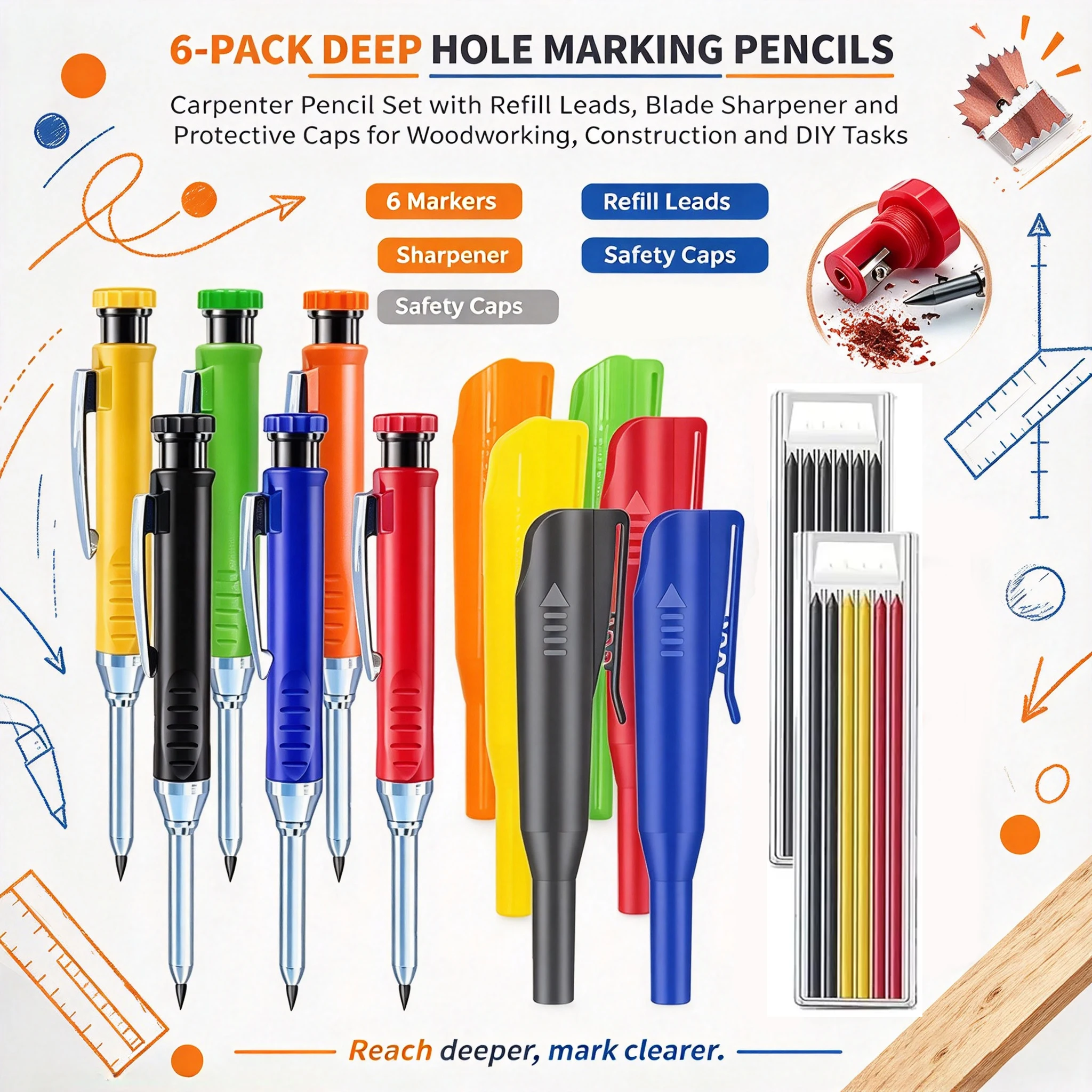 2.8mm Solid Carpenter Pencil with Pencil Cap, Deep Hole Mechanical Pencil with Built in Sharpener For Carpenter Woodworking