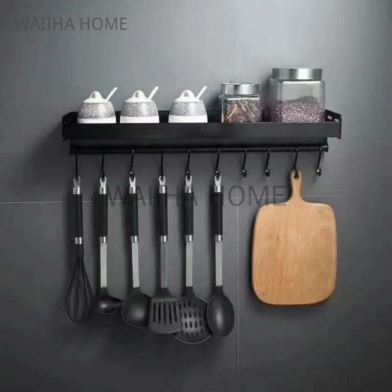 Black Kitchen Storage Accessories Bathroom Storage Rack Shelves Spice Bottle Rack Aluminum Multi-Function Shelf Towel Bar Hook