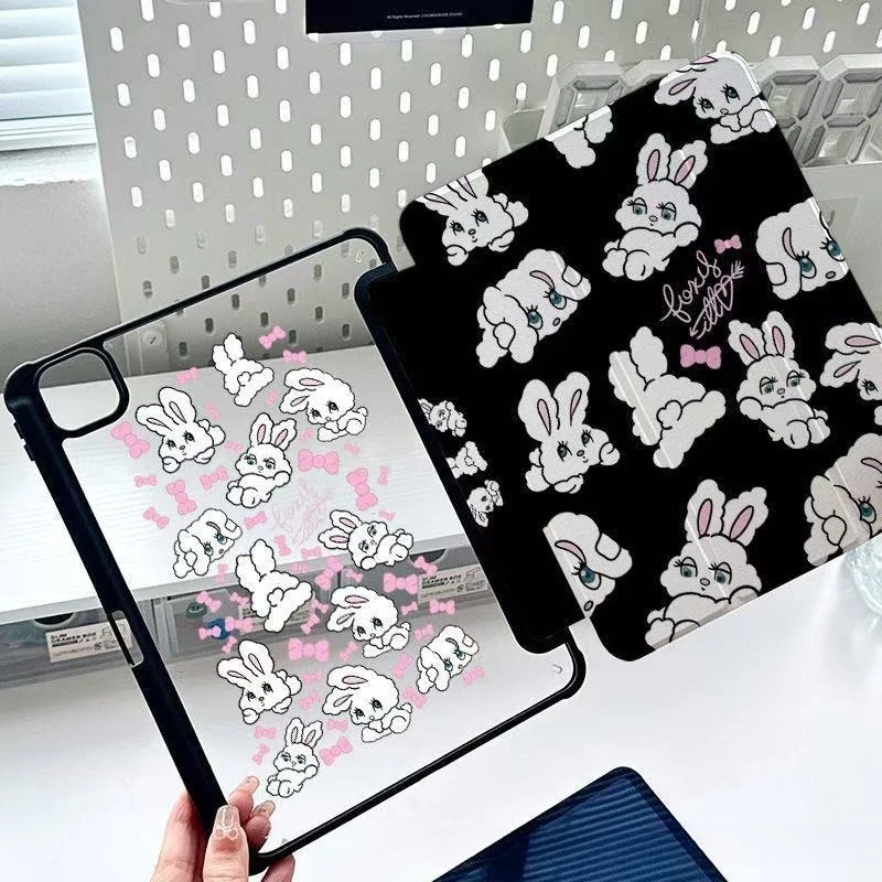 Kawaii Black Rabbit Case for Air6 2024 Pro M2 Air7 M3 11th A16 11in Tablet Case 10th 10.9in 9/8/7th 10.2 6th 9.7 Acrylic Cover