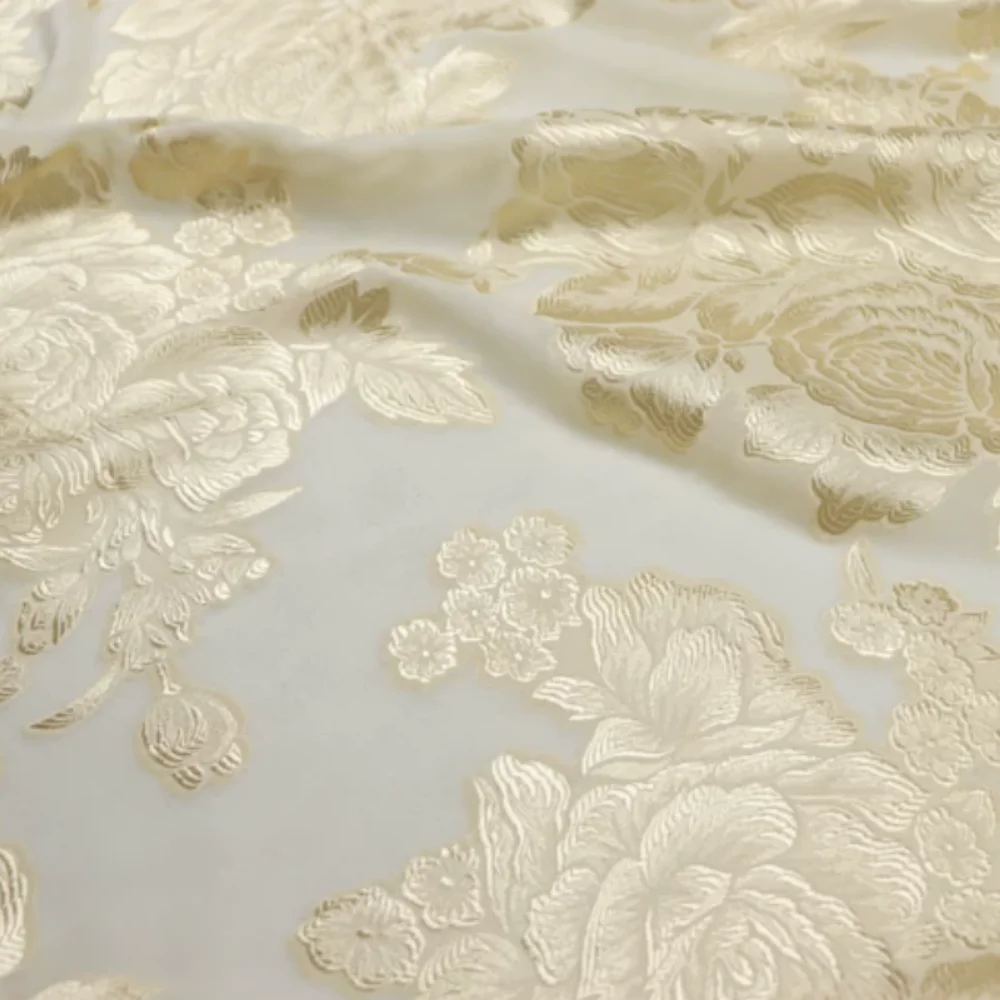 Gold Beige Big Rose Flower Soft Silk Crinkle Jacquard Fabric Top Quality Amazing for Women Party Cloth Dress Robe
