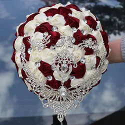 YeeNanee Luxury Rhinestone Pendant Wedding Bridal Bouquet Silk Rose Flowers Ribbon Holding Bouquets for Bride Quinceanera Decor