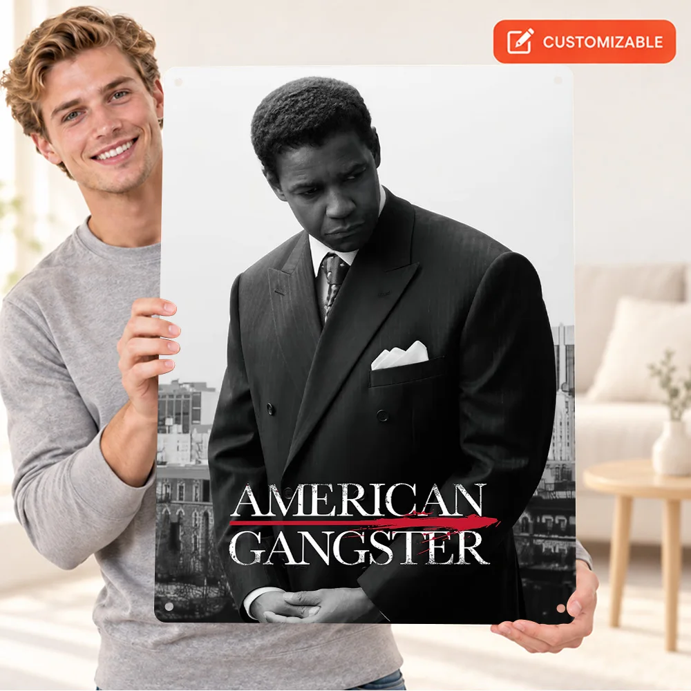 American Gangster Textured Metal Poster Customized Aluminum Sign Black And White Portrait Illustration Wall Art For Media Room