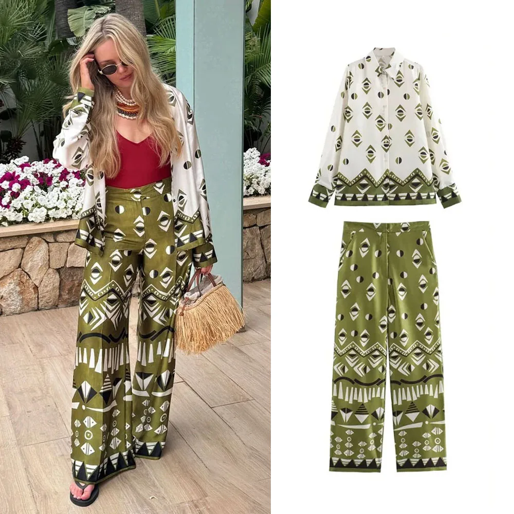 PRINTKAOIR Casual Print Set Women\'s New 2024 Spring Summer Fasion Vacation Party Pant Set Lapel Buttons Shirt with Dropped Pant