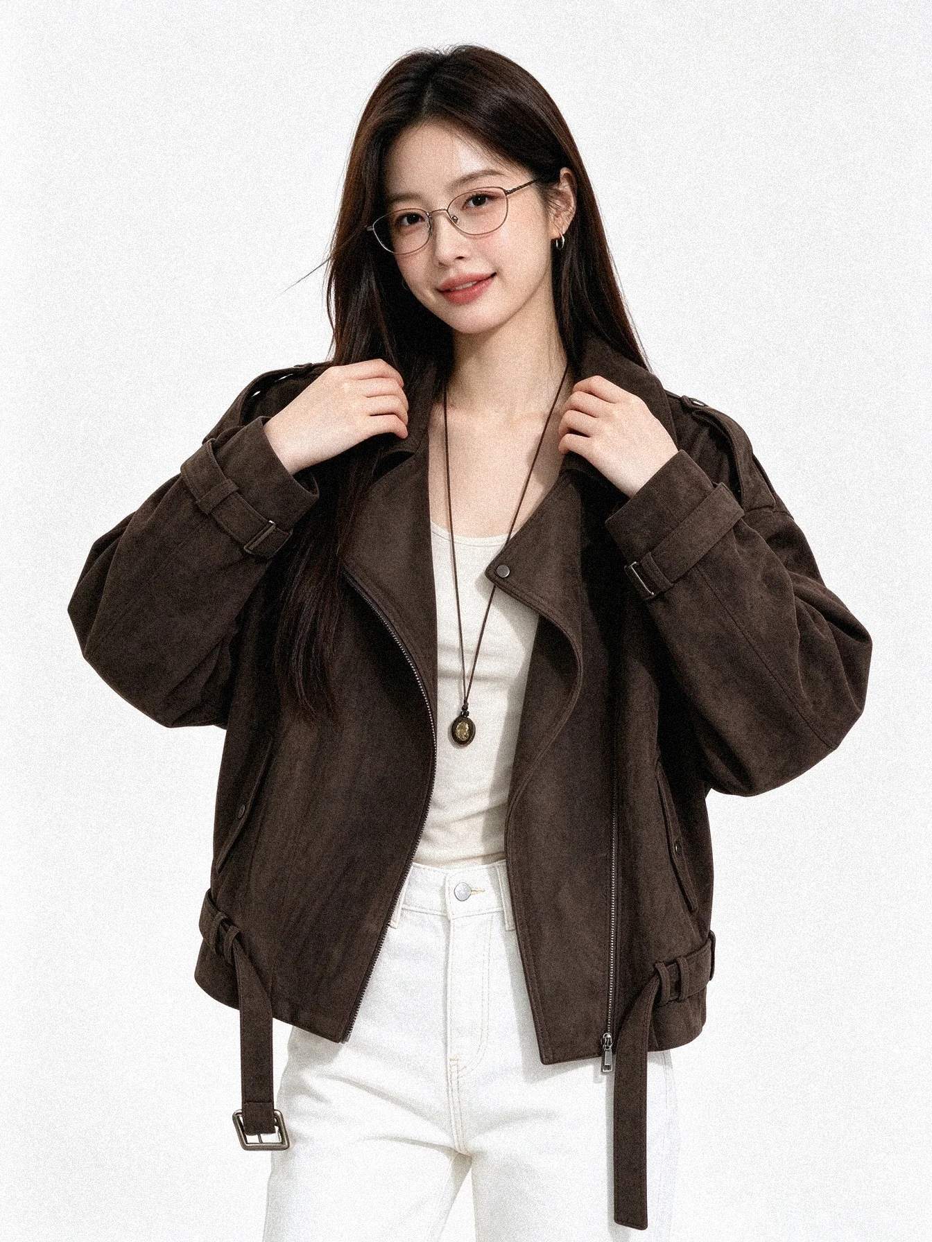 Korean Style Suede Jacket Motorcycle Short Outerwear Loose Slimming Lapel Early Autumn Versatile Women's Fashion Outerwear