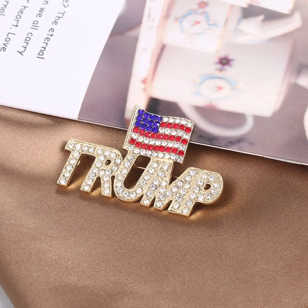 Crystal Trump Brooch with The USA Flag Word Brooch Pin Souvenir for United States of 2024 Presidential Election Fashion Brooches