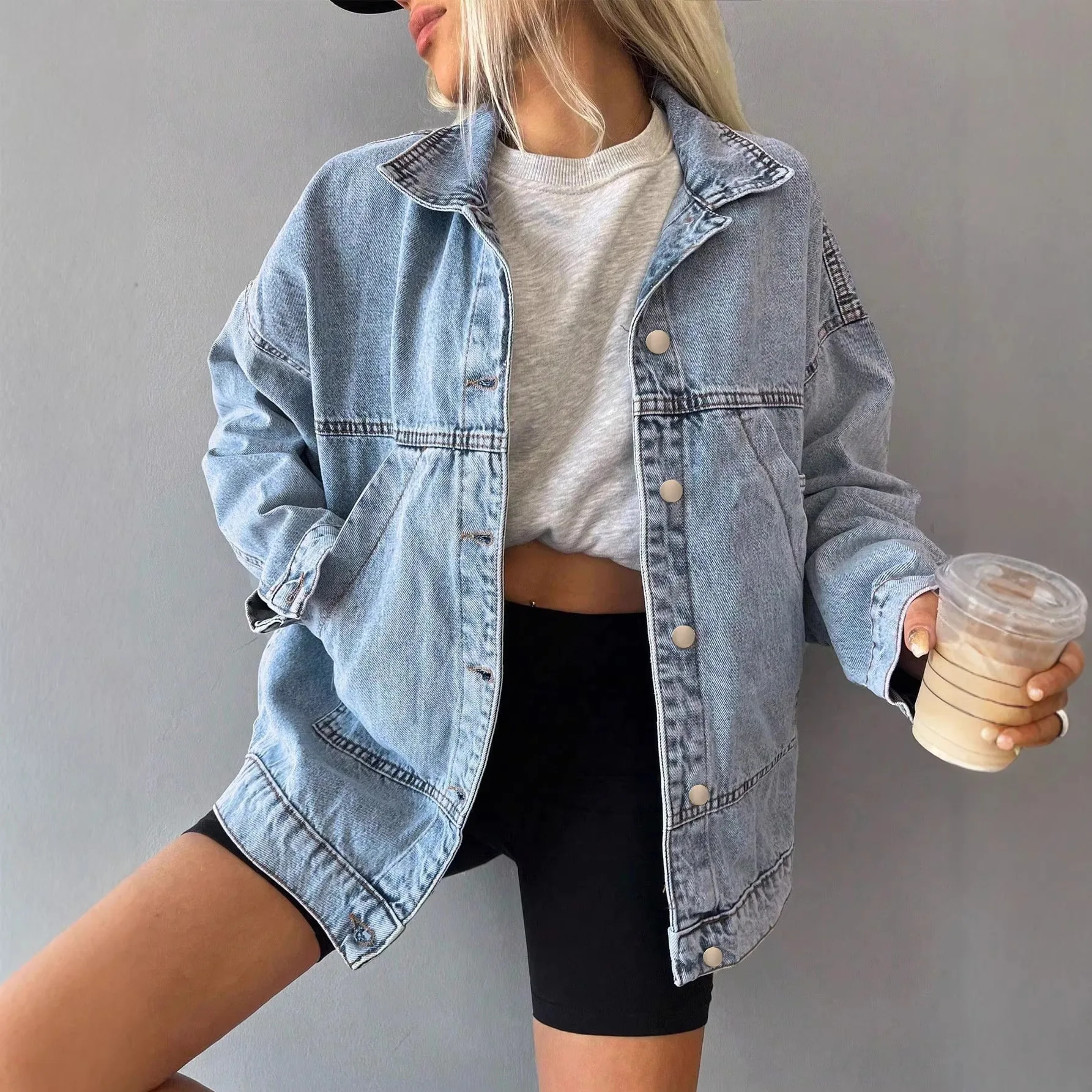 2026 Women Light Wash Denim Jacket American Retro Loose Drop Shoulder Oversized Casual Long Sleeve Jean Coat