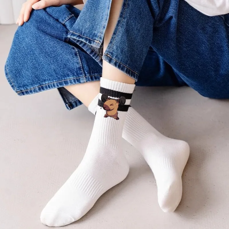 Funny Fitness Capybara Women Black White Medium Length Socks Trendy Suitable Spring Summer Sock Streetwear Harajuku Casual Socks