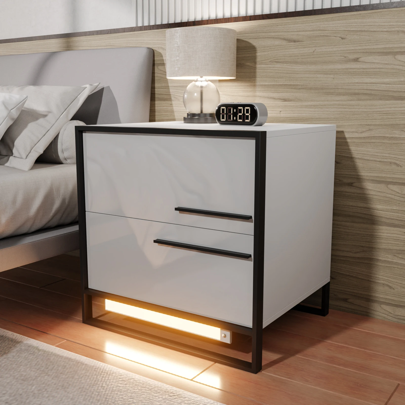 

Auto Led Nightstand with High Gloss Drawer Grey Led Night Stand with Metal Frame Bedside Table with 3 Color Magnetic Wireless