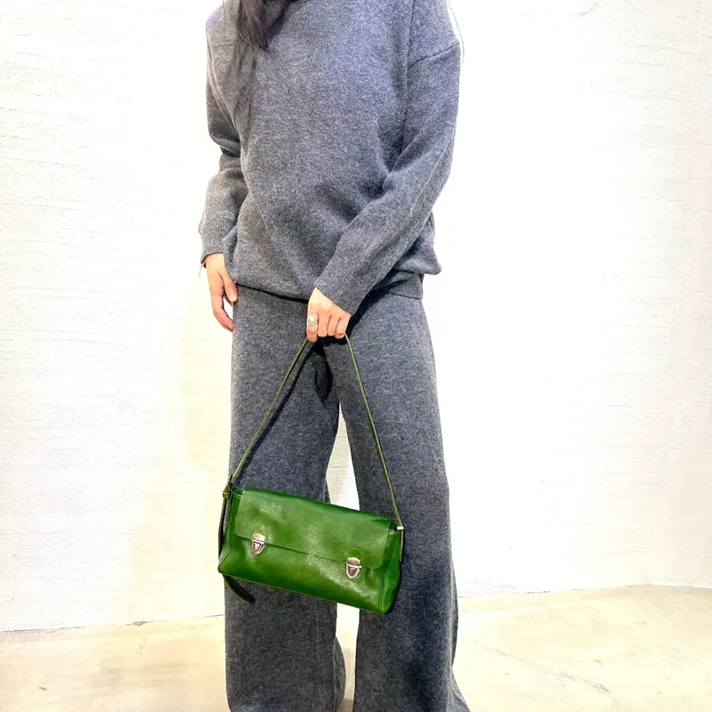 

Retro green Genuine leather handcrafted top-grain cowhide single-shoulder bag crossbody underarm bag chain handbag women style