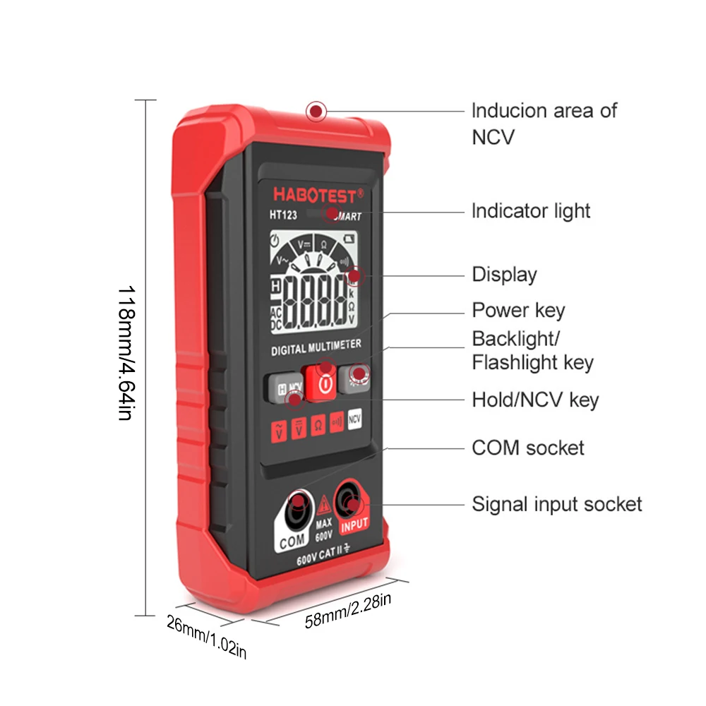 HT123 Digital Multimeter AC/DC Voltage Resistance Continuity Tester NCV Multimeter with Backlight  Electrician Tool