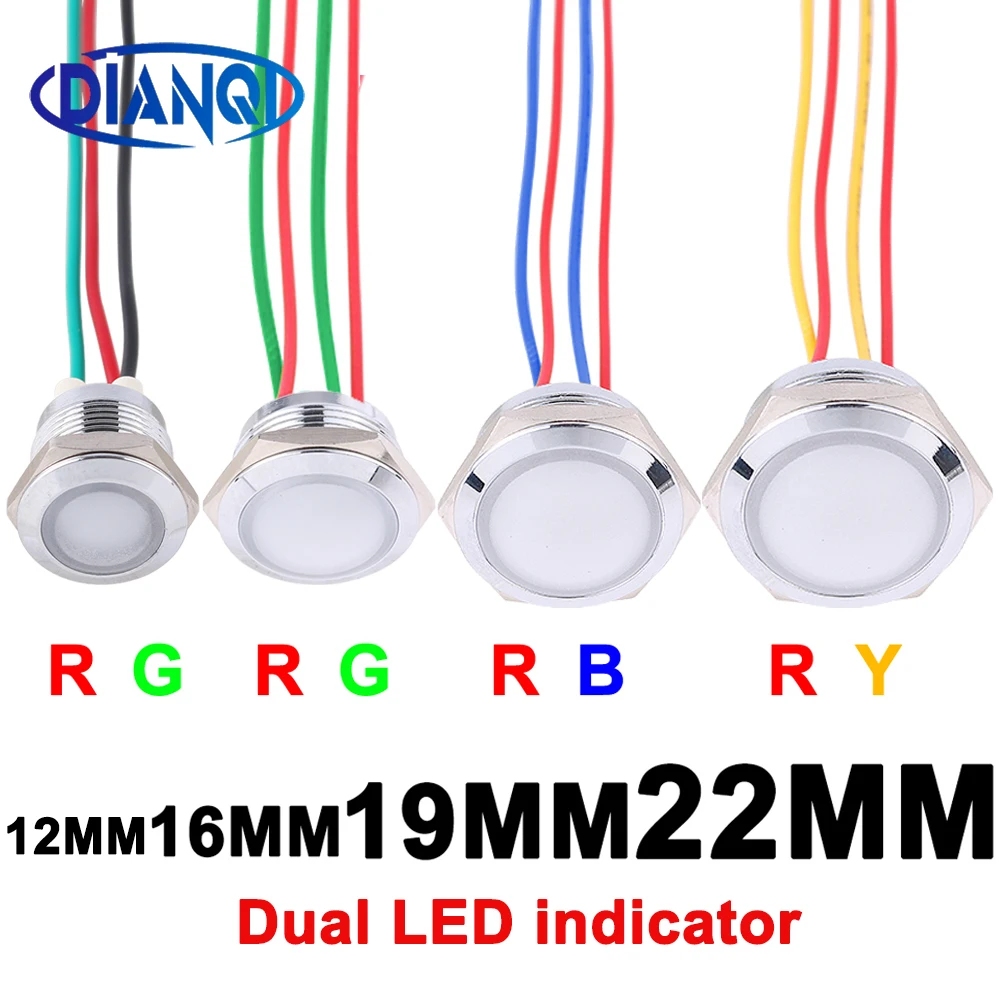 1PC Dwie metalowe lampki kontrolne LED 12mm 16mm 19mm 22mm Lampka sygnalizacyjna z przewodem Czerwony Żółty Zielony DC3V 12V 24V AC220V