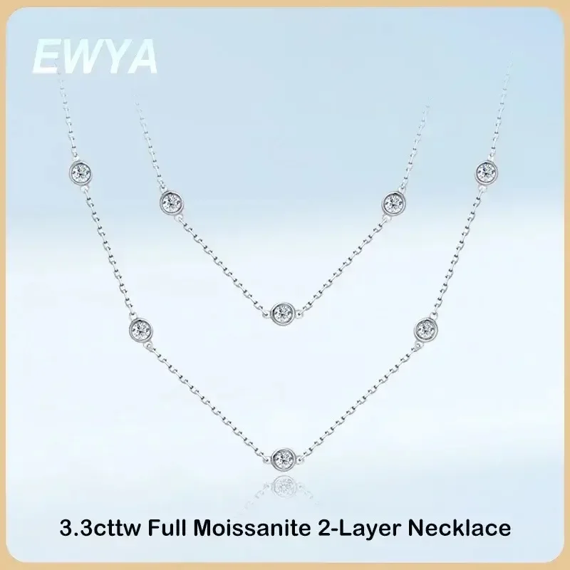 EWYA Luxury D Color Full 3/3.5mm Round Bubble Moissanite Diamond Tennis Naszyjnik dla kobiet Party S925 Silver 2-Layer Neck Chain
