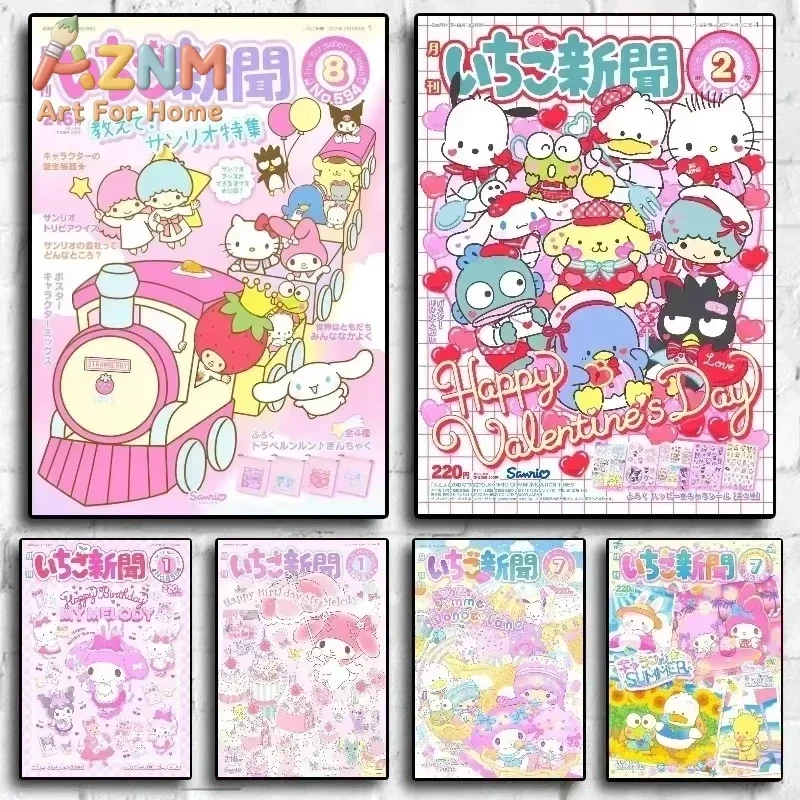 AZNM  Sanrio Strawberry News Canvas Wall Art Frameless Poster Hello Kitty My Melody Cinnamoroll Magazine Cover Print Room Decor