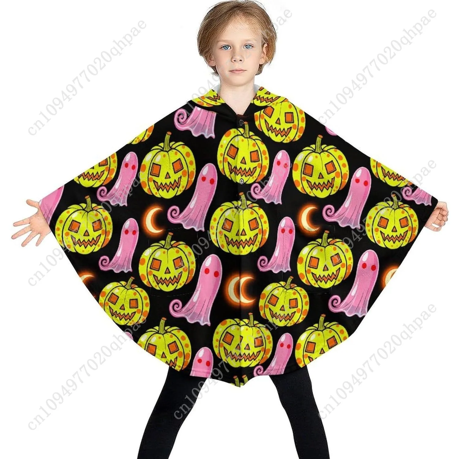 Pull couverture en flanelle confortable, sweat à capuche surdimensionné citrouille lune fantôme avec poches pour enfants et adolescents