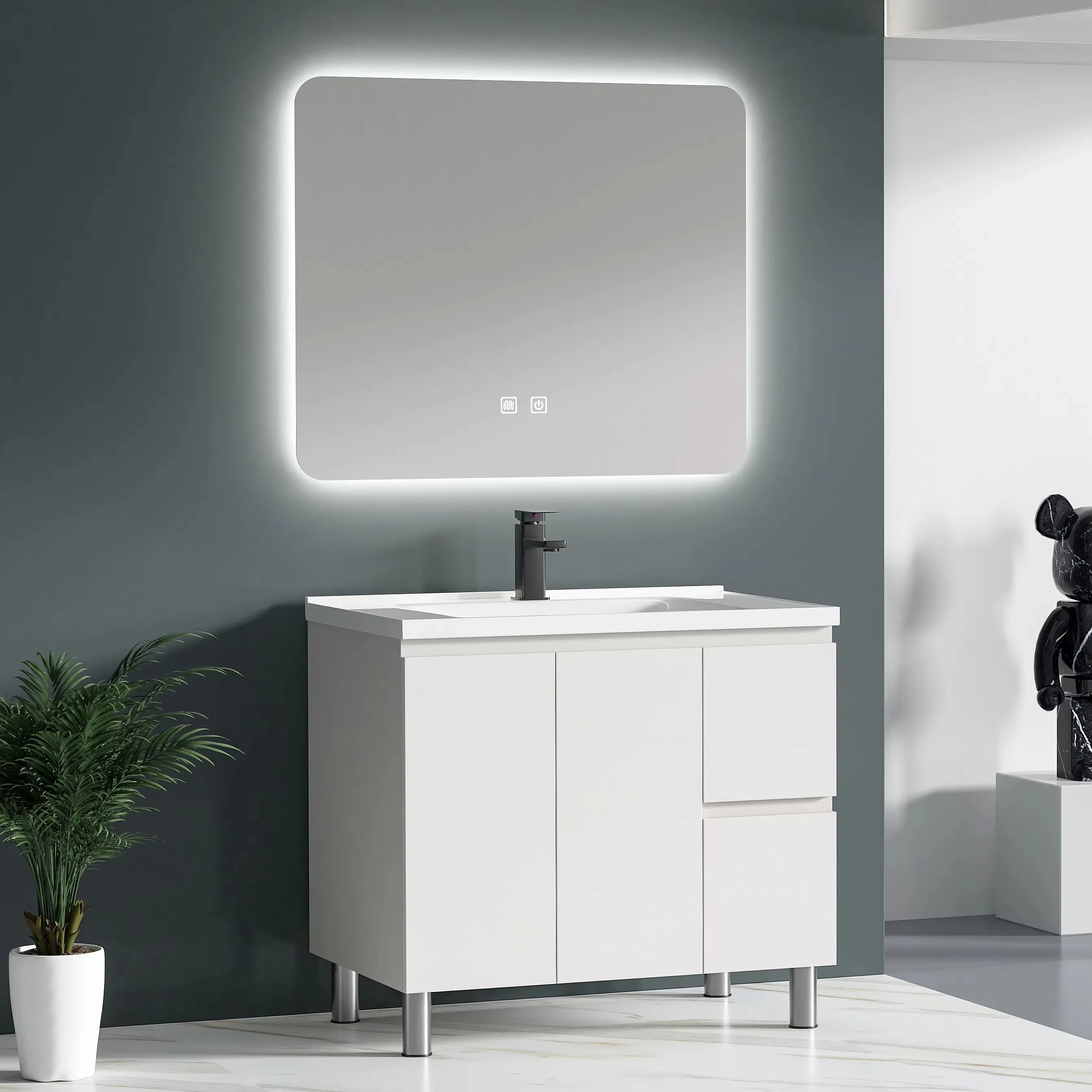 ￥#Modern Hotel Use Multi Storage PVC Floor Mounted White Bathroom Mirrored Cabinet with Eco-Friendly Easy Clean Design