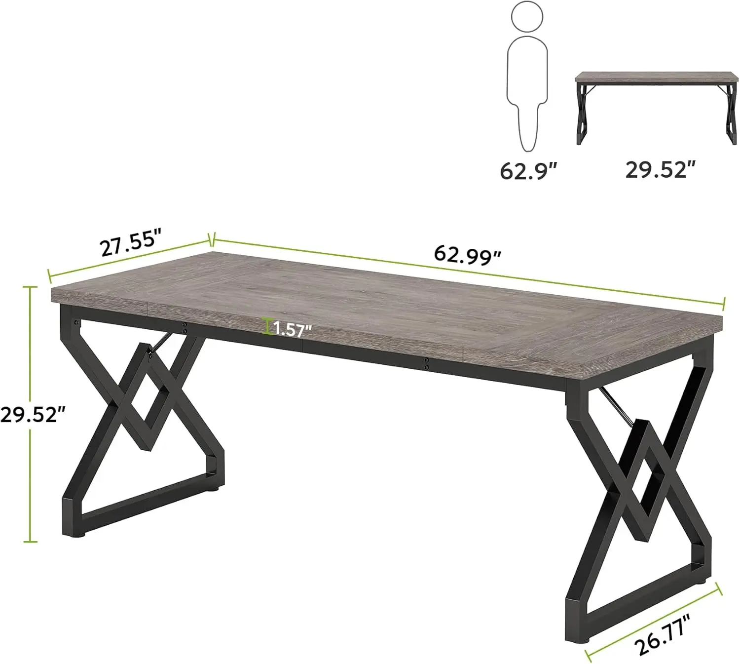Large Office Computer Desk with Extra Thick Wooden Tabletop and Metal Frame, Modern Simple Workstation Writing Table Study Desk