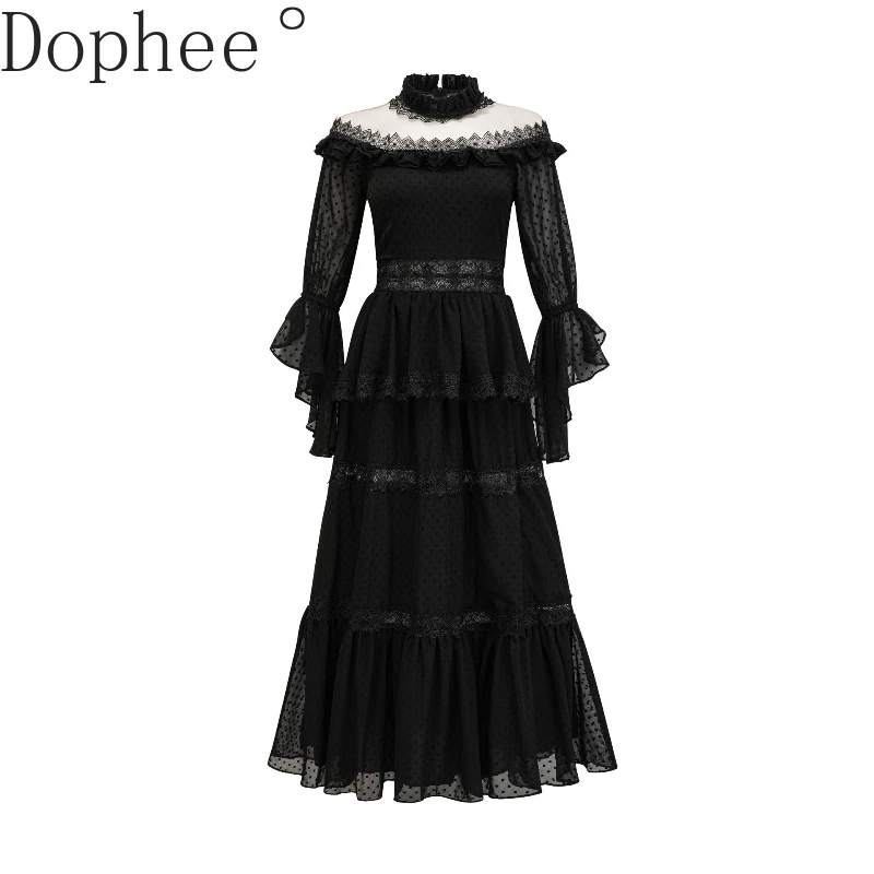 

Luxury Perspective Mesh Flare Sleeve Formal Dress Women Elegant Stand Collar Embroidery Lace Splicing Big Bottom Evening Dress
