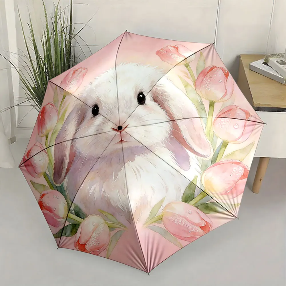 1PC Charming Umbrella with Rabbit and Tulip Design Print 8 Iron Ribs Folding Umbrella Auto-Open Fashion Sunshade