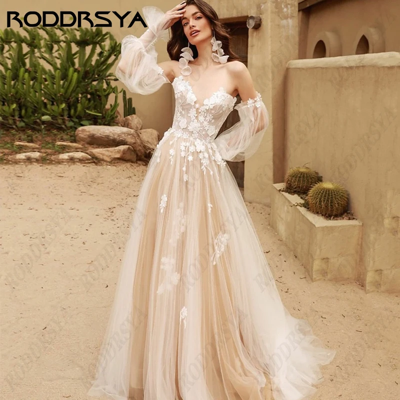 RODDRSYA Boho Strapless Vestido De Noiva Para Mulheres Tule Puffy Mangas V-Neck A Linha Vestido De Noiva Apliques Princesa Robe De Mariée Boho Strapless Vestido De Noiva Para Mulheres Tule Puffy Mangas V-Neck A Linha V