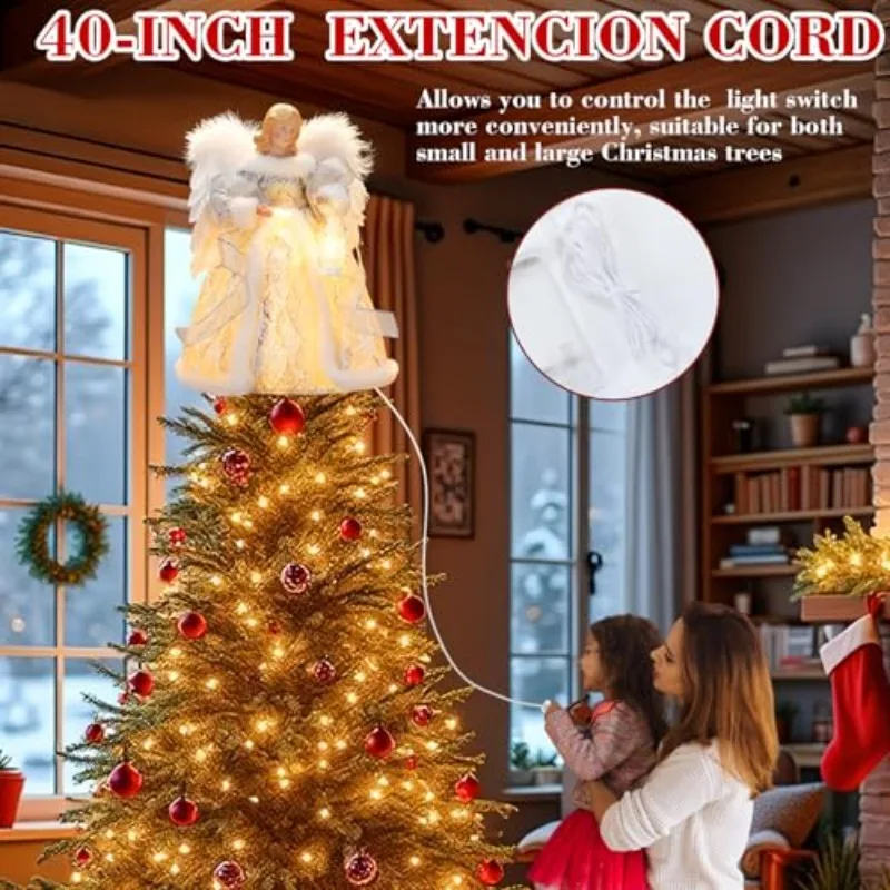 ของตกแต่งต้นคริสต์มาสอะคริลิคสองด้านรูปนางฟ้าพร้อมไฟประดับ ของประดับตกแต่งคริสต์มาส นางฟ้าปีกใหญ่สีขาว