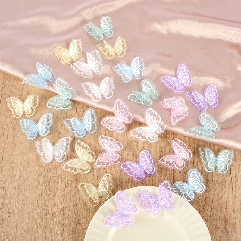 Mariposa de encaje de doble capa con incrustaciones de diamantes, accesorios para el cabello de mariposa pequeña, arte de uñas transparente, vestido de novia, 4,5 cm