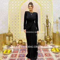 XPAY O Neck Black Mermaid Prom Dress Long Sleeve Dubai Arabia Criss-Cross Evening Gown Sexy Pleat Formal Special Occasion Dress