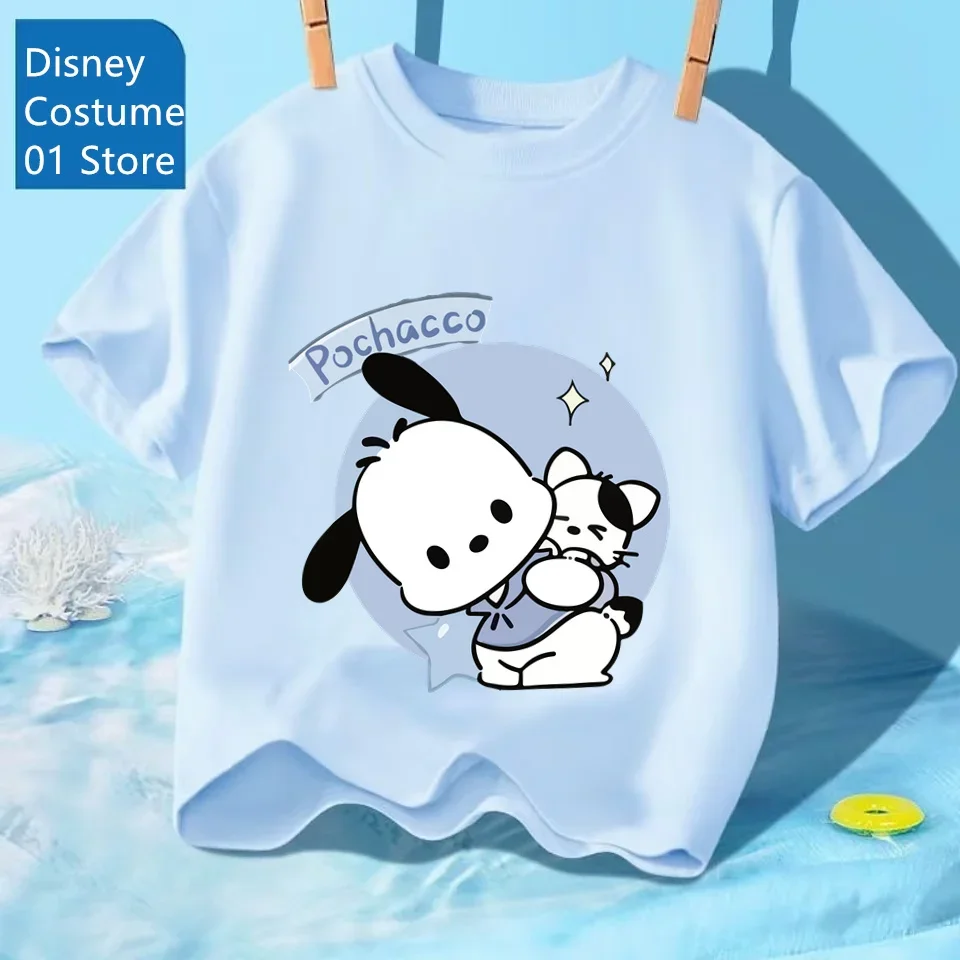 

Детские хлопковые милые повседневные топы с принтом Pochacco для девочек Sanrio, детские хлопковые летние футболки с круглым вырезом