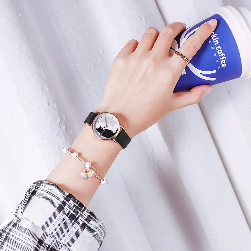 New Women Watches Cat Pattern Quartz Wristwatch for Children Girls Watch Leather Cute Cartoon Fashion Clock Relogio Montre