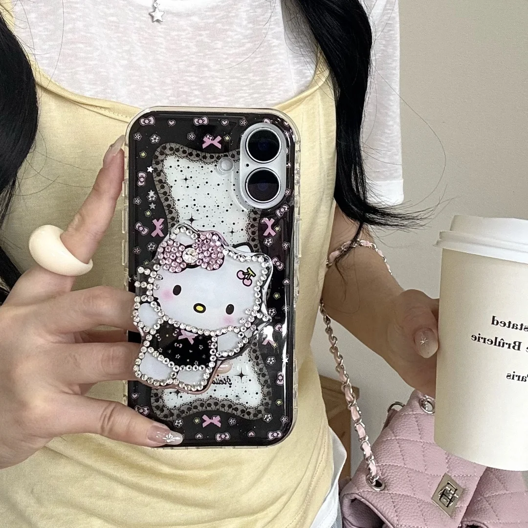 

Lace Edged Sexy Girl Hello Kitty with Diamond Folding stand Phone Case For iPhone 16 Pro 15 14 13 12 Pro Max Protection Cover﻿