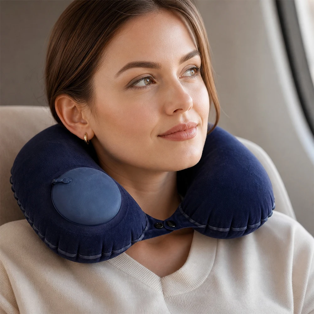 1pc Inflatable Portable U-Shaped Pillow Can Be Stored And Self Filled Adjustable  Neck Pillow For Travel Business Trips Camping